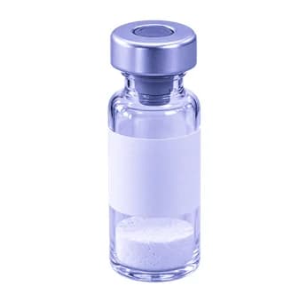 Sealed glass vial with a crimped cap and a blank label, holding a white lyophilised powder.