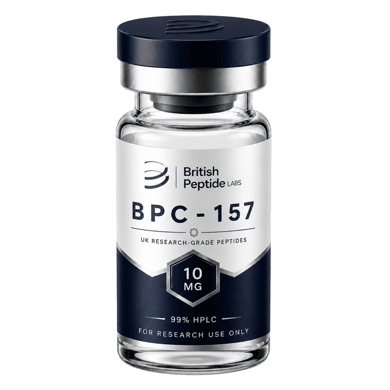 British Peptide Labs BPC-157 10 mg sealed vial with flip-off cap and crimp seal